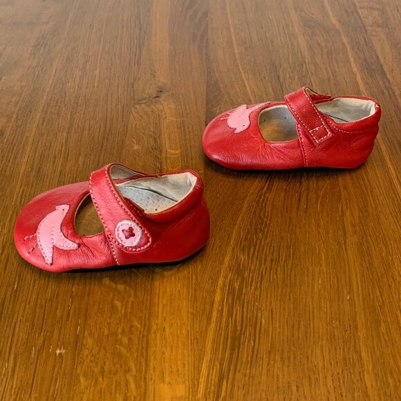 LIVIE & LUCA Pio Pio Baby Shoes Girls 0-6 Red Mary Jane Soft Crib Shoe Birds - Picture 3 of 9